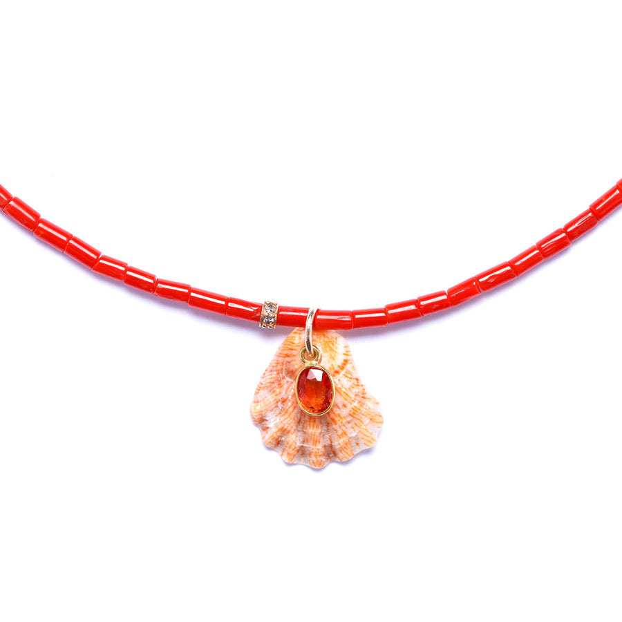 Orange Sapphire Diamond and Shell Necklace