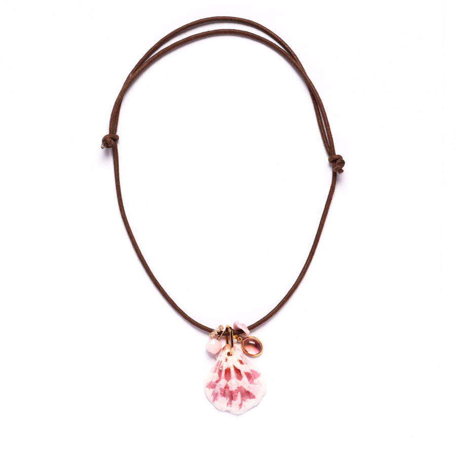 Diamond, pink opal, tourmaline and shell cord necklace