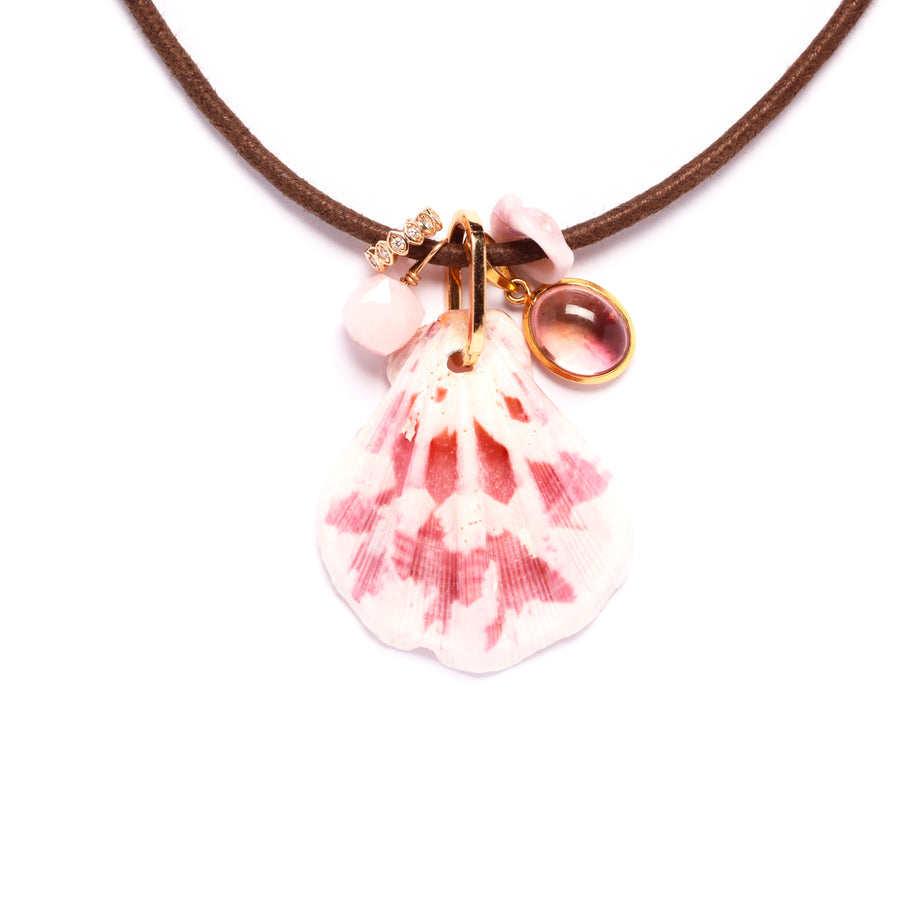Diamond, pink opal, tourmaline and shell cord necklace