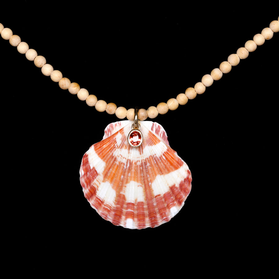 orange sapphire, shell and wood beaded necklace