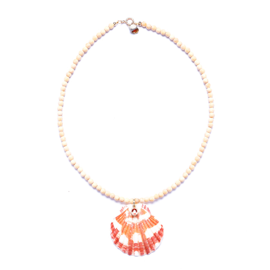 orange sapphire, shell and wood beaded necklace