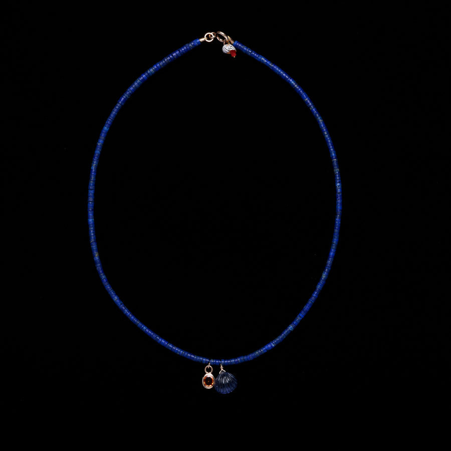 Lapis lazuli, sapphire and carved shell necklace