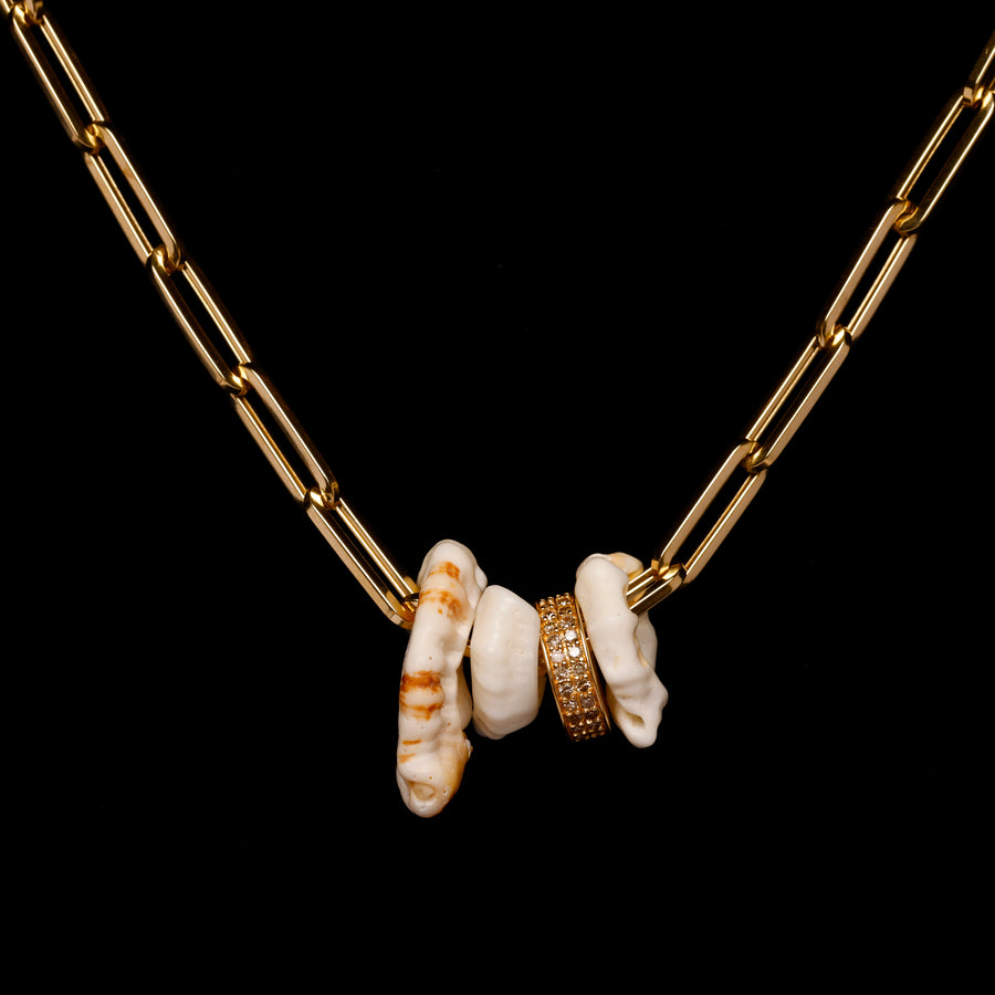 Gold Link, diamond and shell necklace