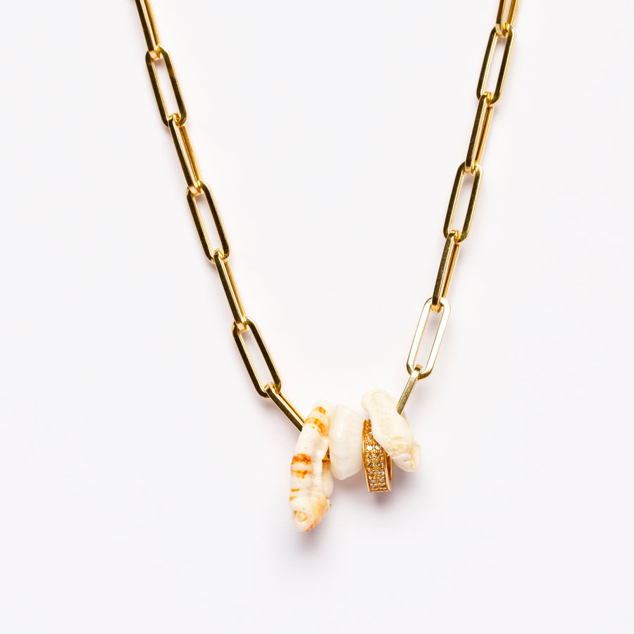 Gold Link, diamond and shell necklace