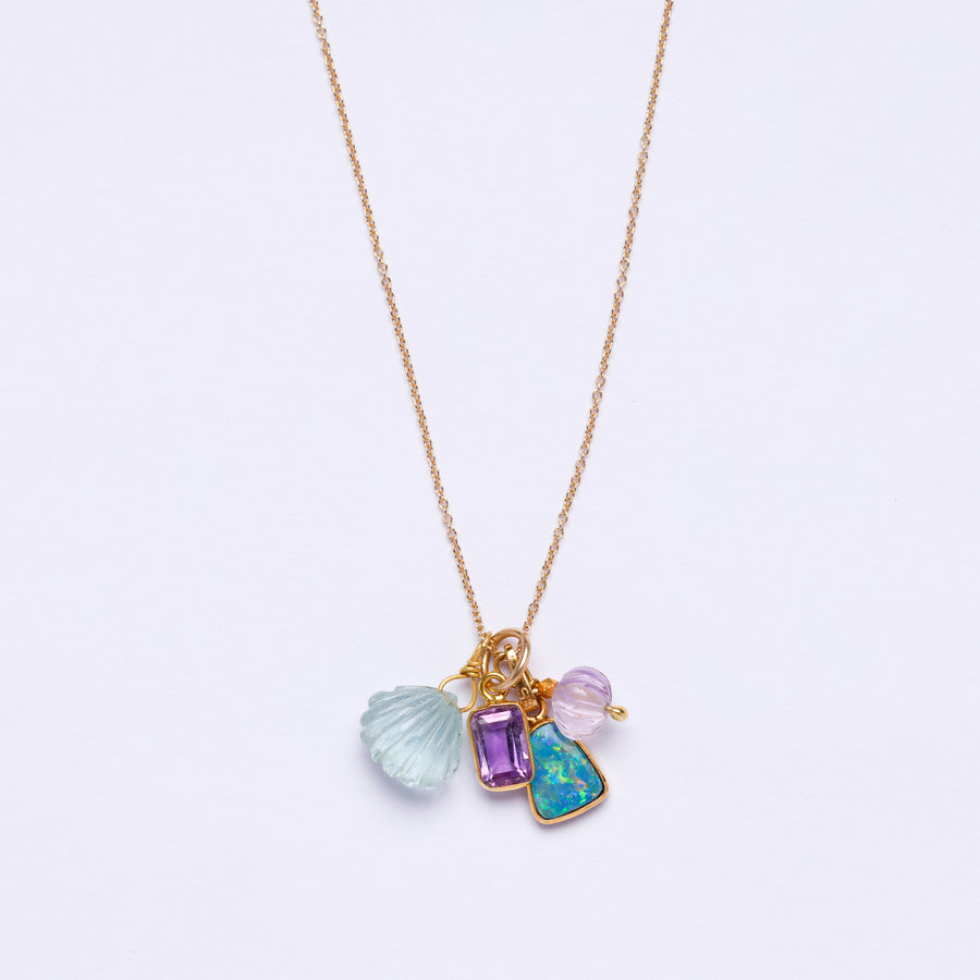 Gold charm necklace-Australian Opal-Aquamarine-Amethyst