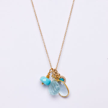 Gold charm necklace-aquamarine, turquoise, diamond, opal
