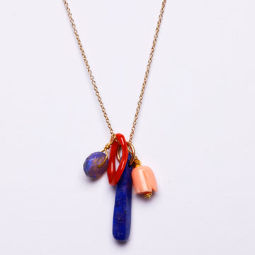 Gold Charm necklace-Lapis Lazuli, Australian Opal, coral