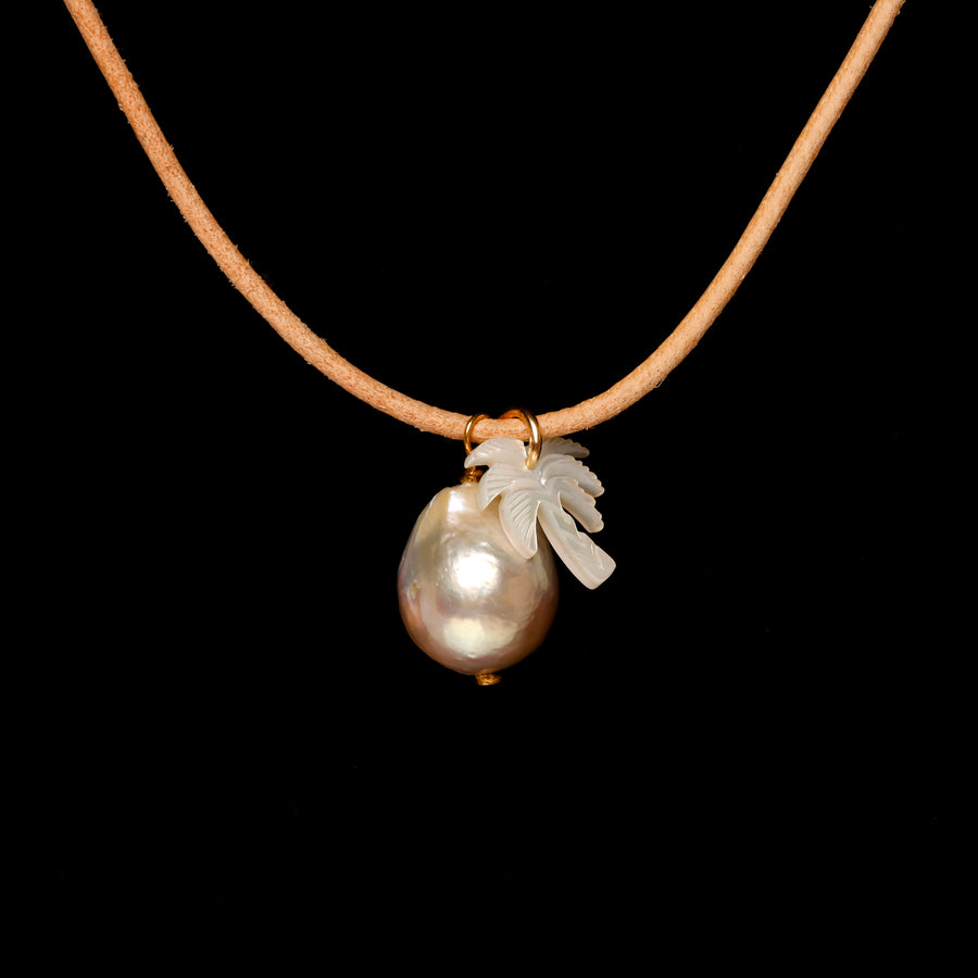Pearl and Palm tree on leather cord