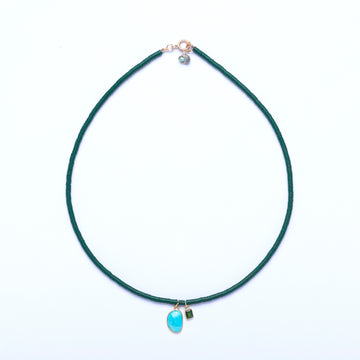 Turquoise, green tourmaline and vintage African vinyl gold necklace