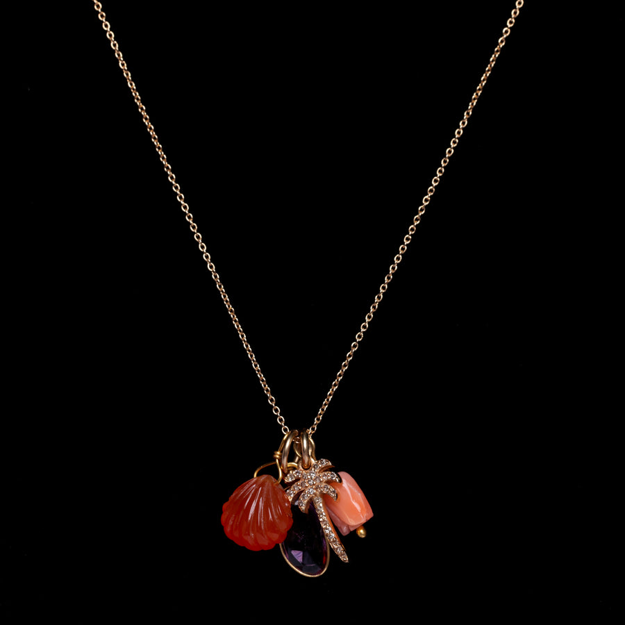 Pink Sapphire, Diamond, coral charm necklace