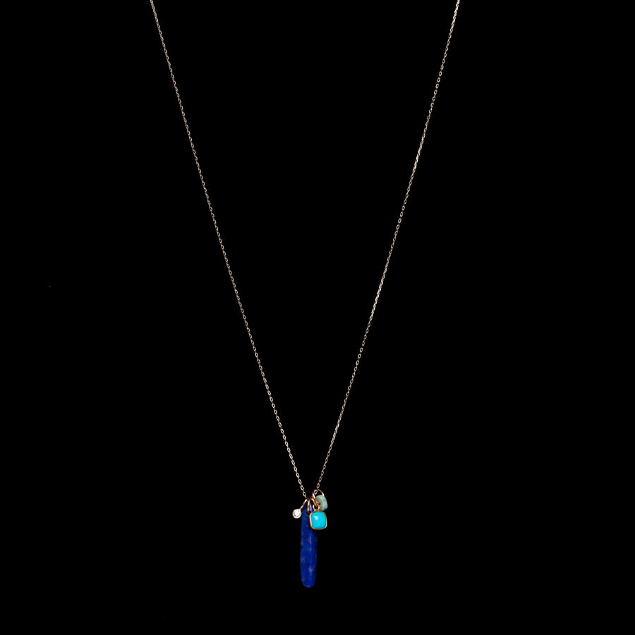 14k gold chain with Lapis lazuli, diamond and turquoise charms