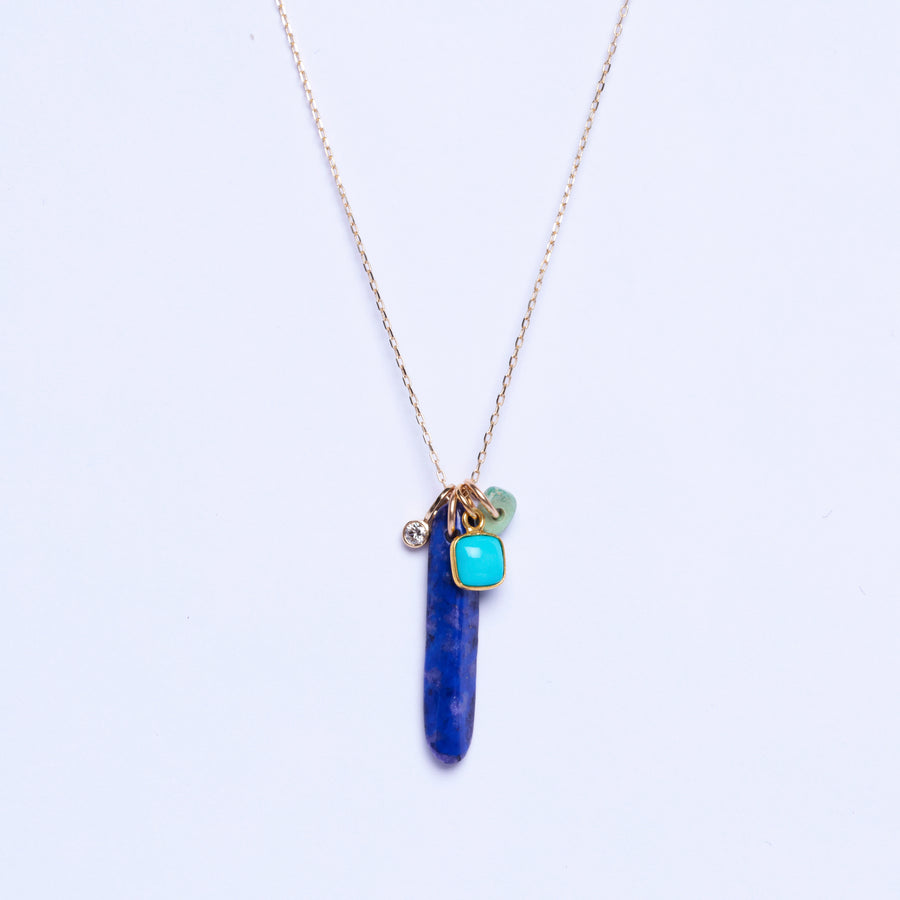 14k gold chain with Lapis lazuli, diamond and turquoise charms