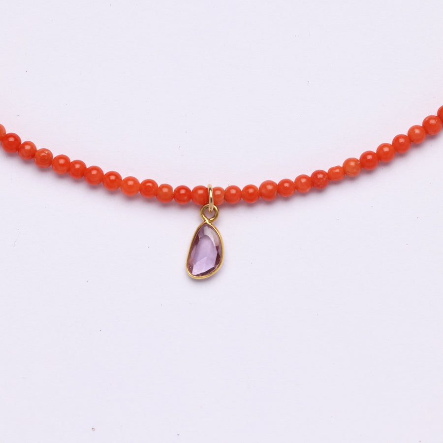 tiny coral and pink sapphire necklace